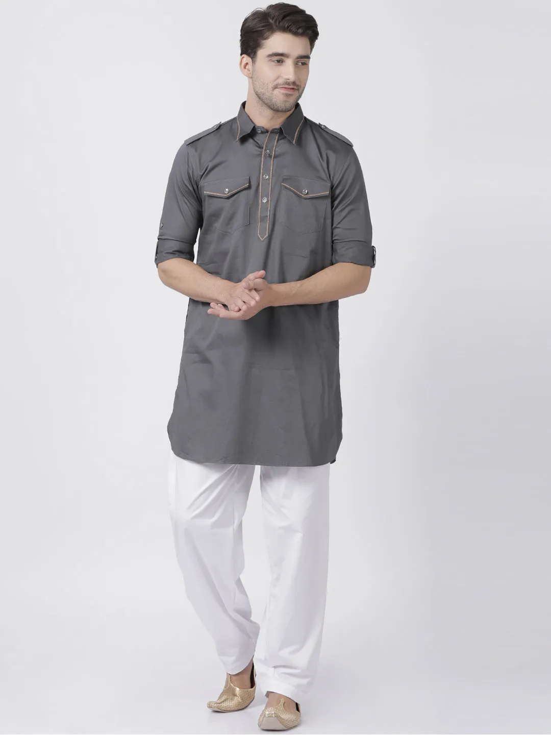 Men's Grey Cotton Blend Pathani Suit Set