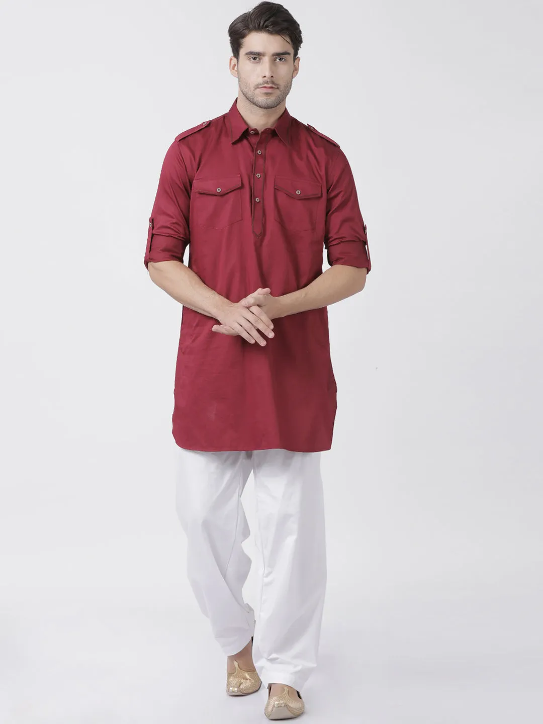 Men's Maroon Cotton Blend Pathani Suit Set