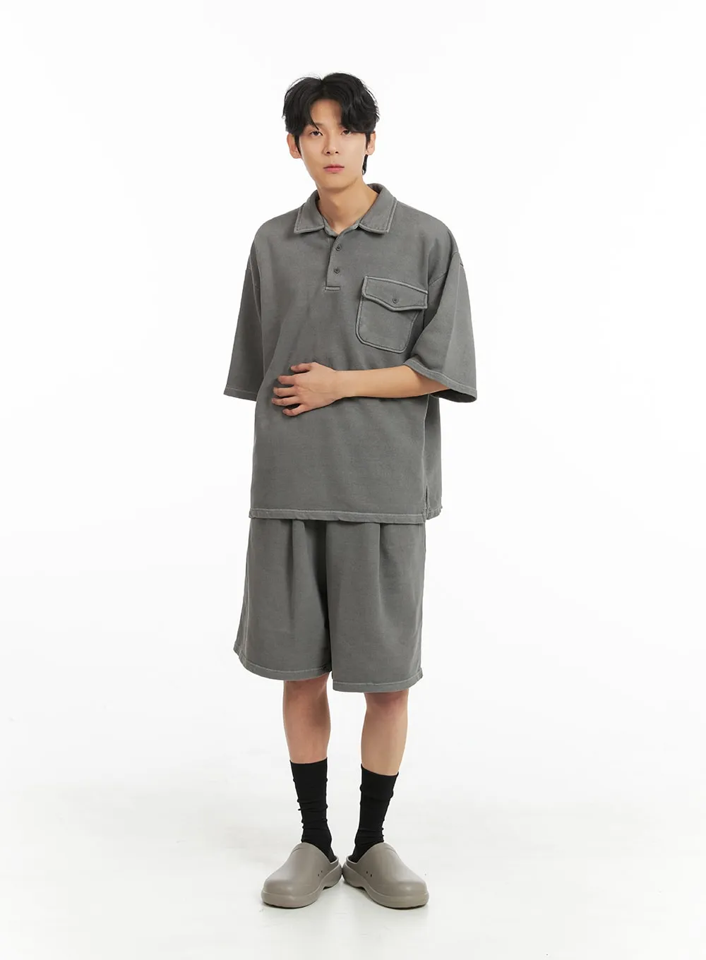 Men's Washed Oversized Cotton Collar T-Shirt IA401