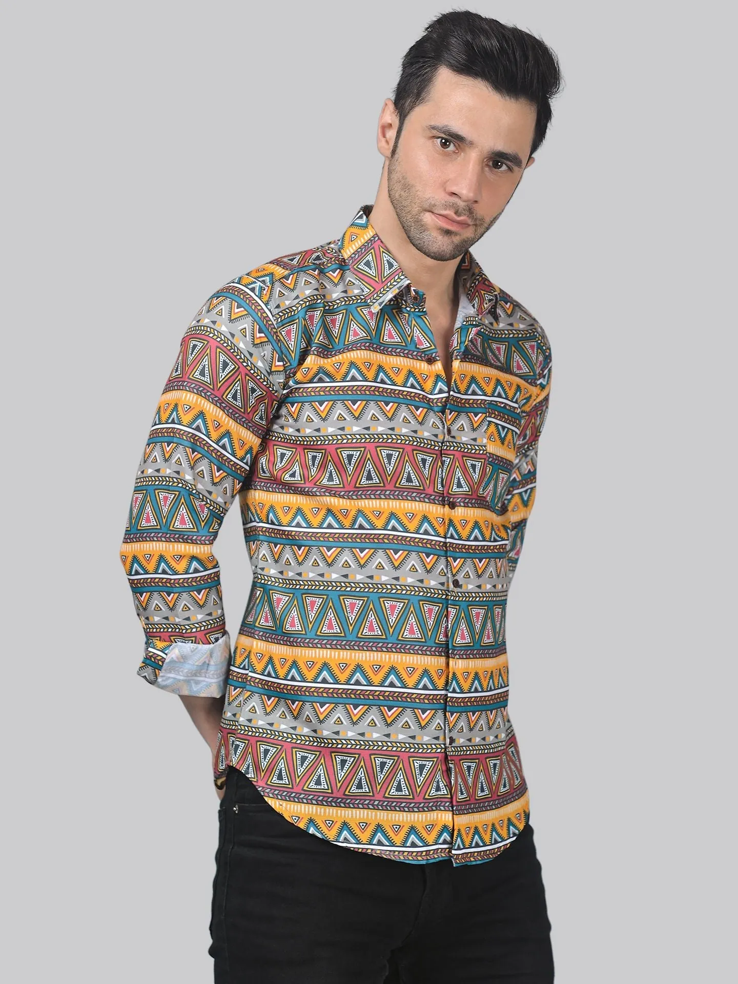 Mid-century Men's Printed Full Sleeve Cotton Button-Up Shirt For Men