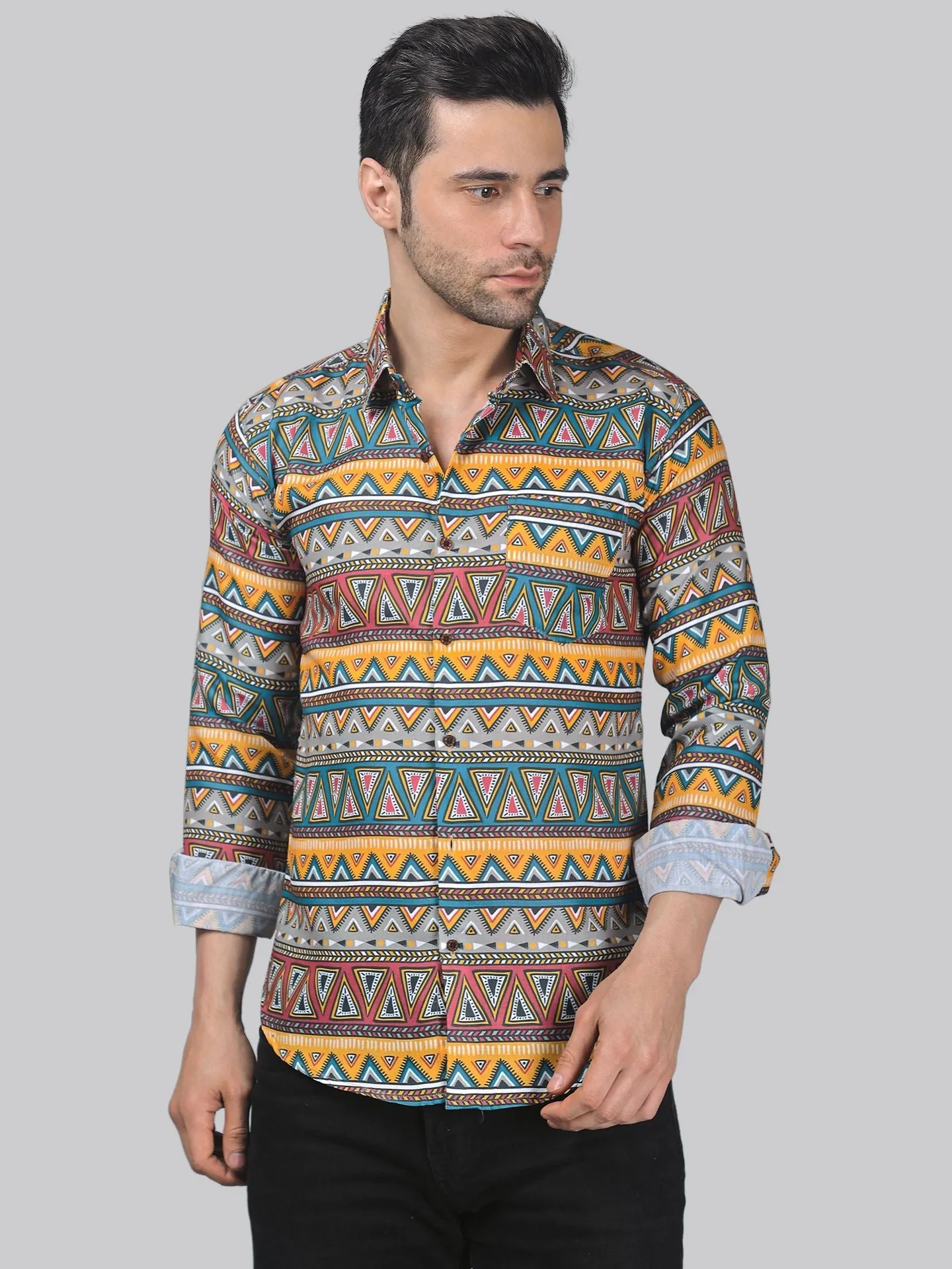 Mid-century Men's Printed Full Sleeve Cotton Button-Up Shirt For Men