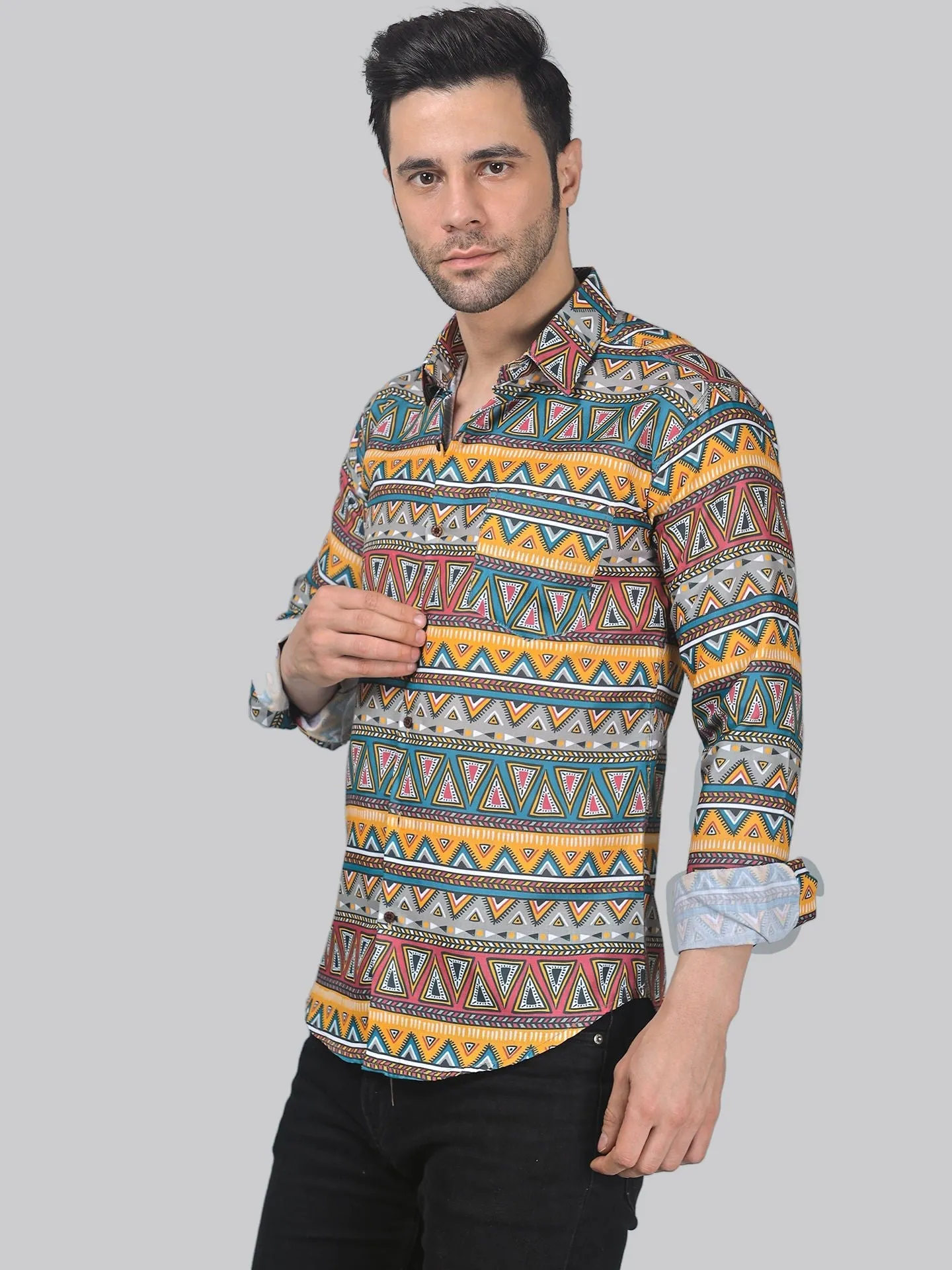 Mid-century Men's Printed Full Sleeve Cotton Button-Up Shirt For Men