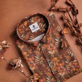 Orange Brown Color Leaf Printed Shirt For Men