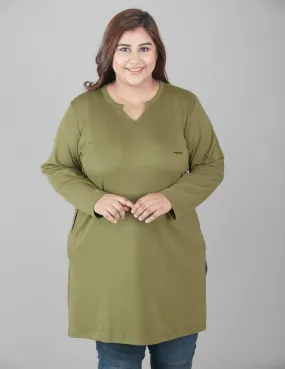 Plus Size Full Sleeves Long Top For Women - Olive Green