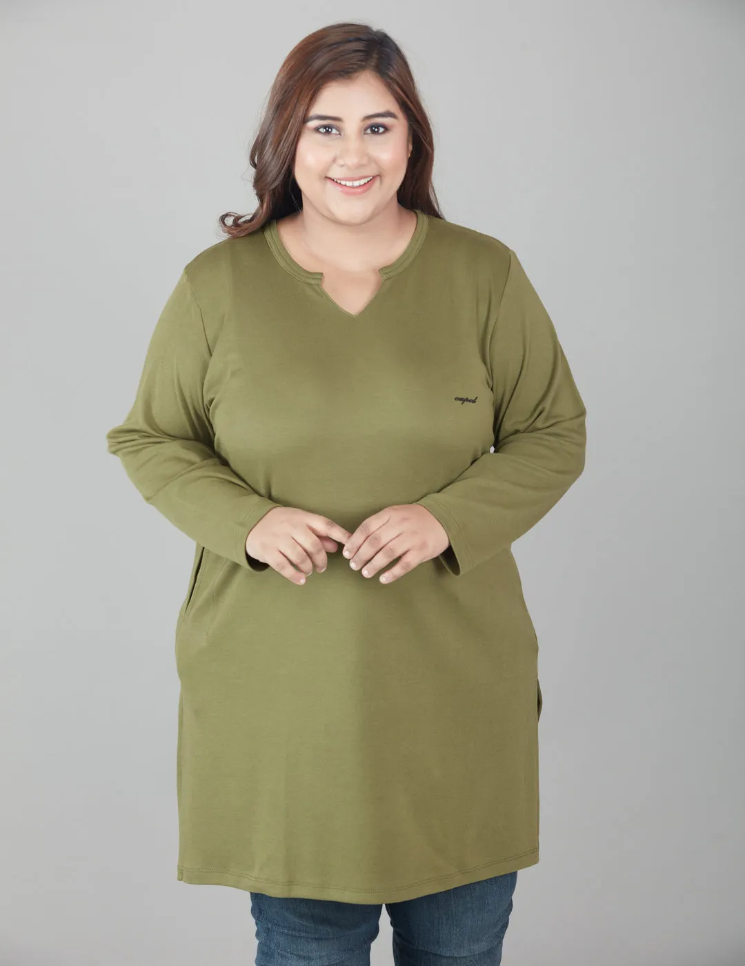 Plus Size Full Sleeves Long Top For Women - Olive Green