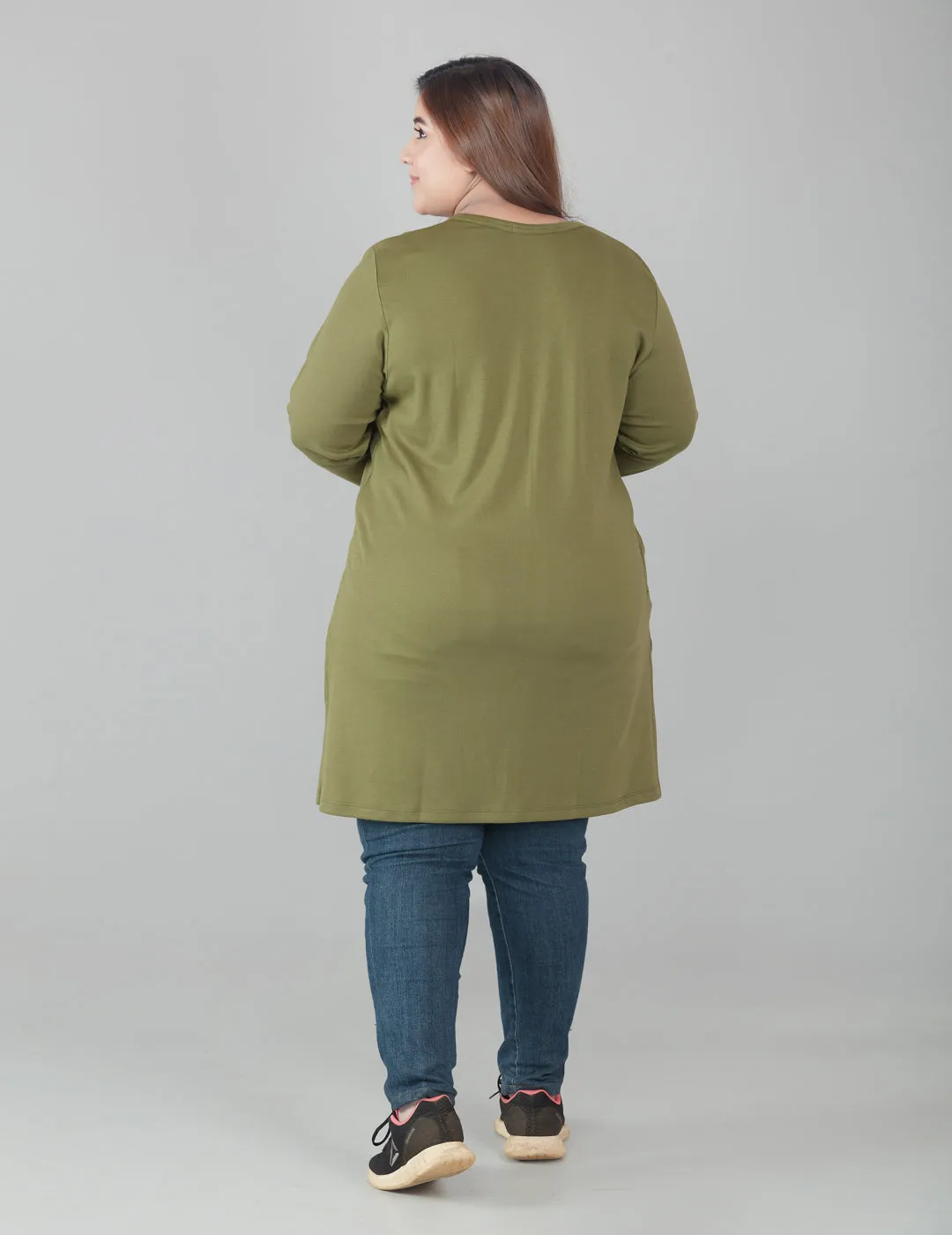 Plus Size Full Sleeves Long Top For Women - Olive Green