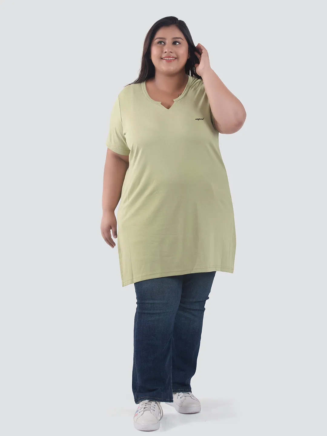 Plus Size Half Sleeves Long Top For Women -Cardamom Green