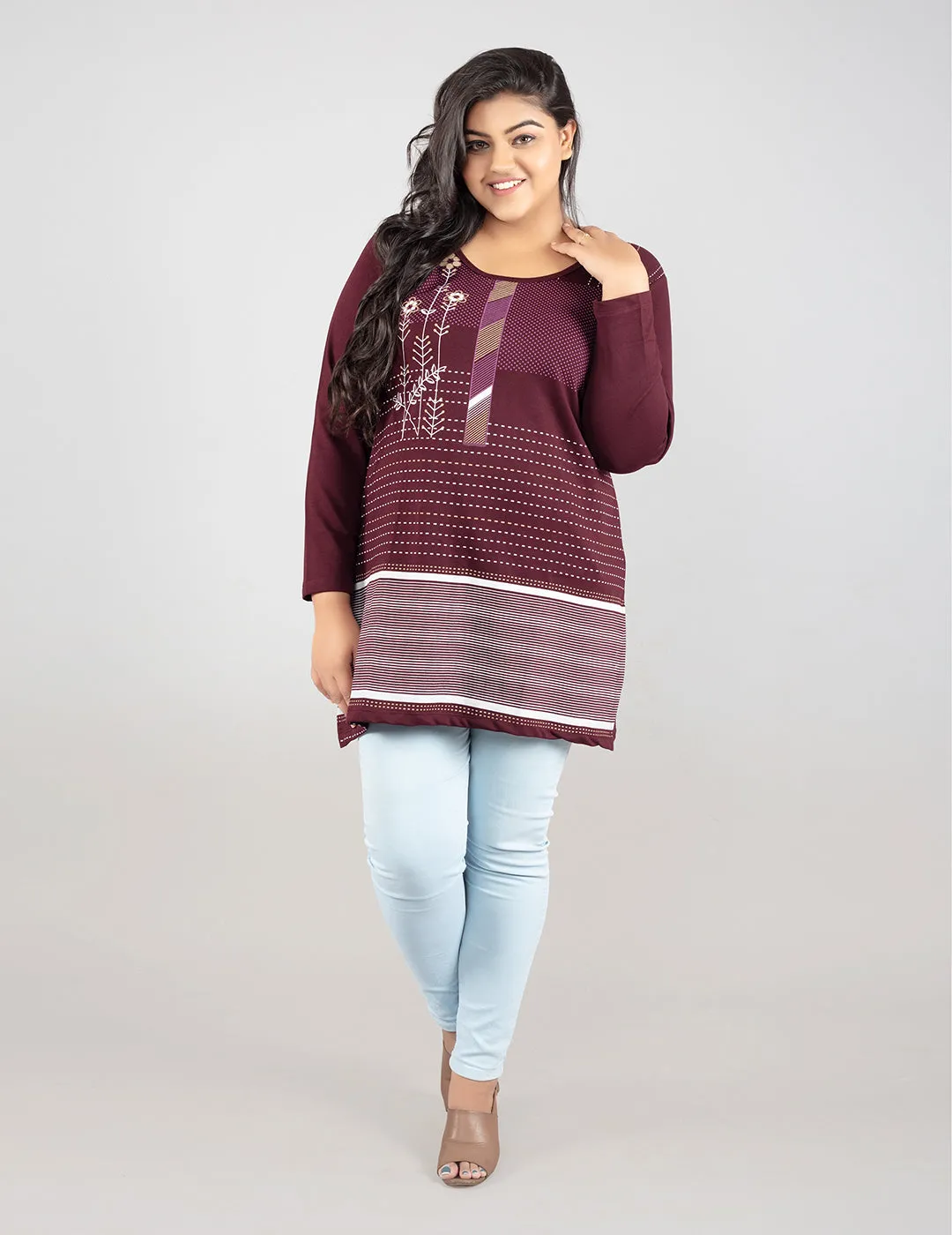 Plus Size Printed Long Tops For Women Full Sleeves - Pack of 2 (Wine & Grey)