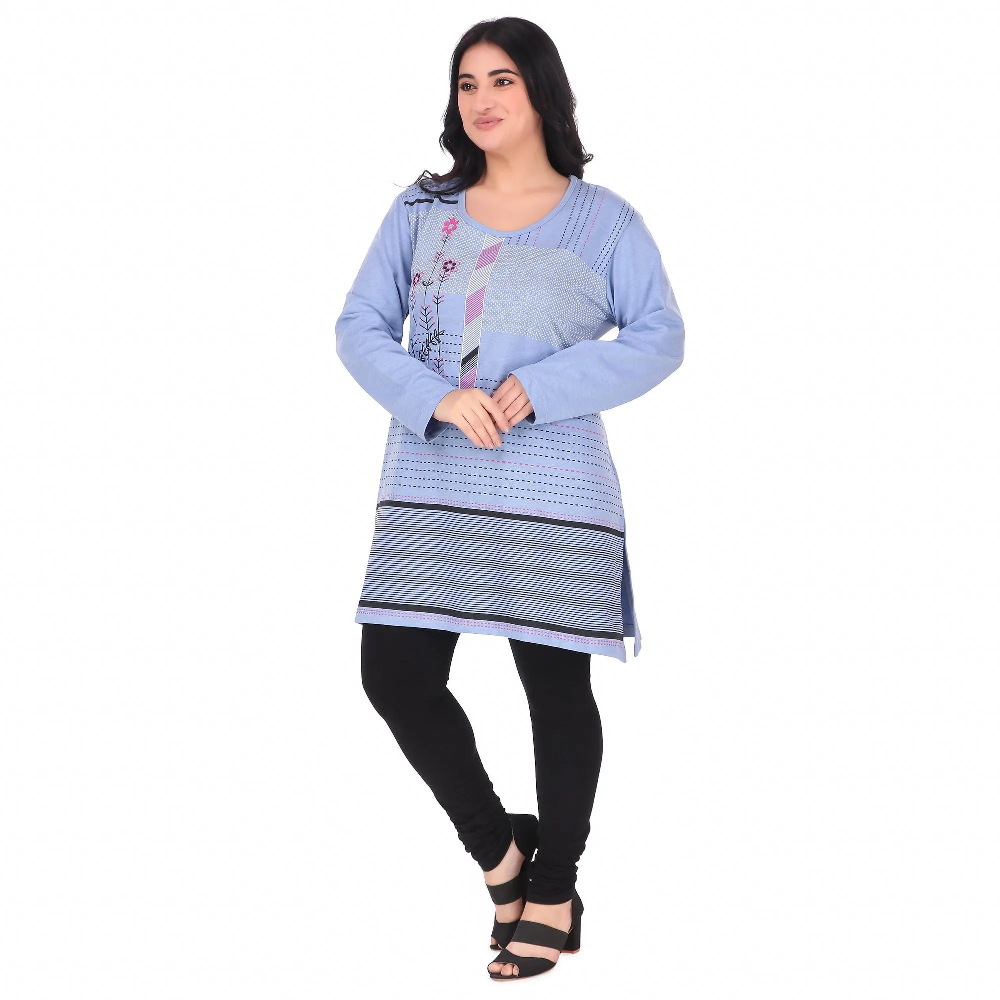 Plus Size Printed Long Tops For Women Full Sleeves - Pack of 2 (Wine & Sky Blue)