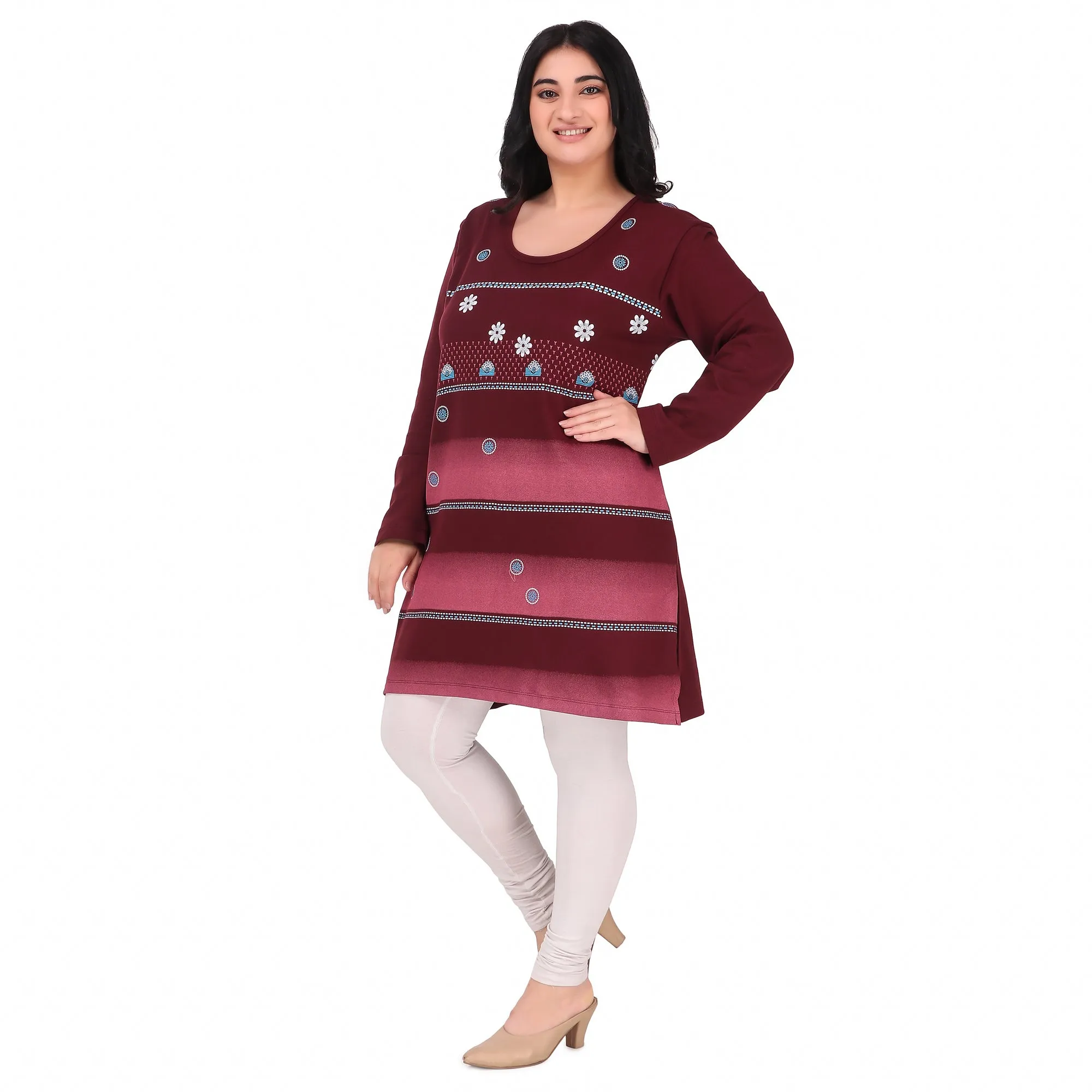 Plus Size Printed Long Tops For Women Full Sleeves - Pack of 2 (Wine & Sky Blue)