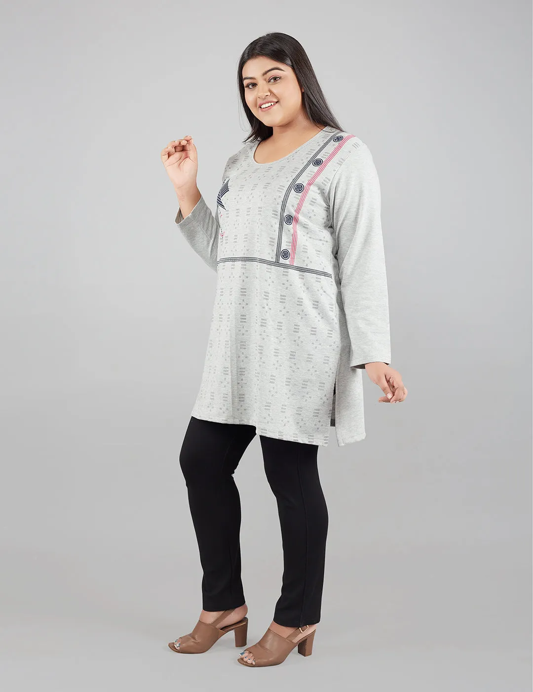 Plus Size Printed Long Tops For Women Full Sleeves T-shirts - Grey