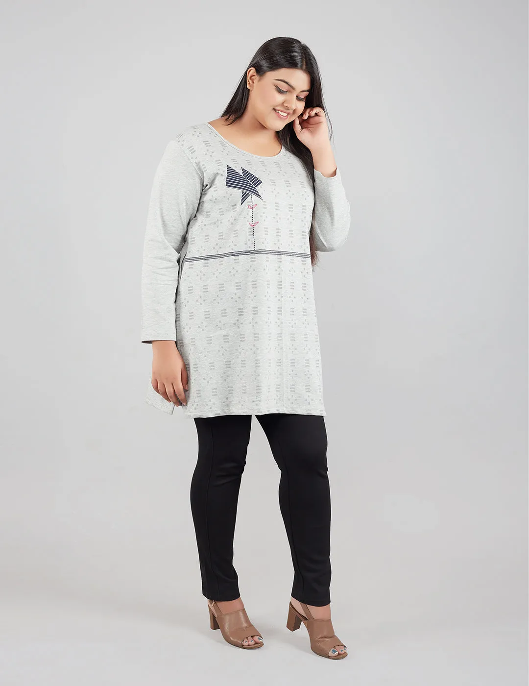 Plus Size Printed Long Tops For Women Full Sleeves T-shirts - Grey