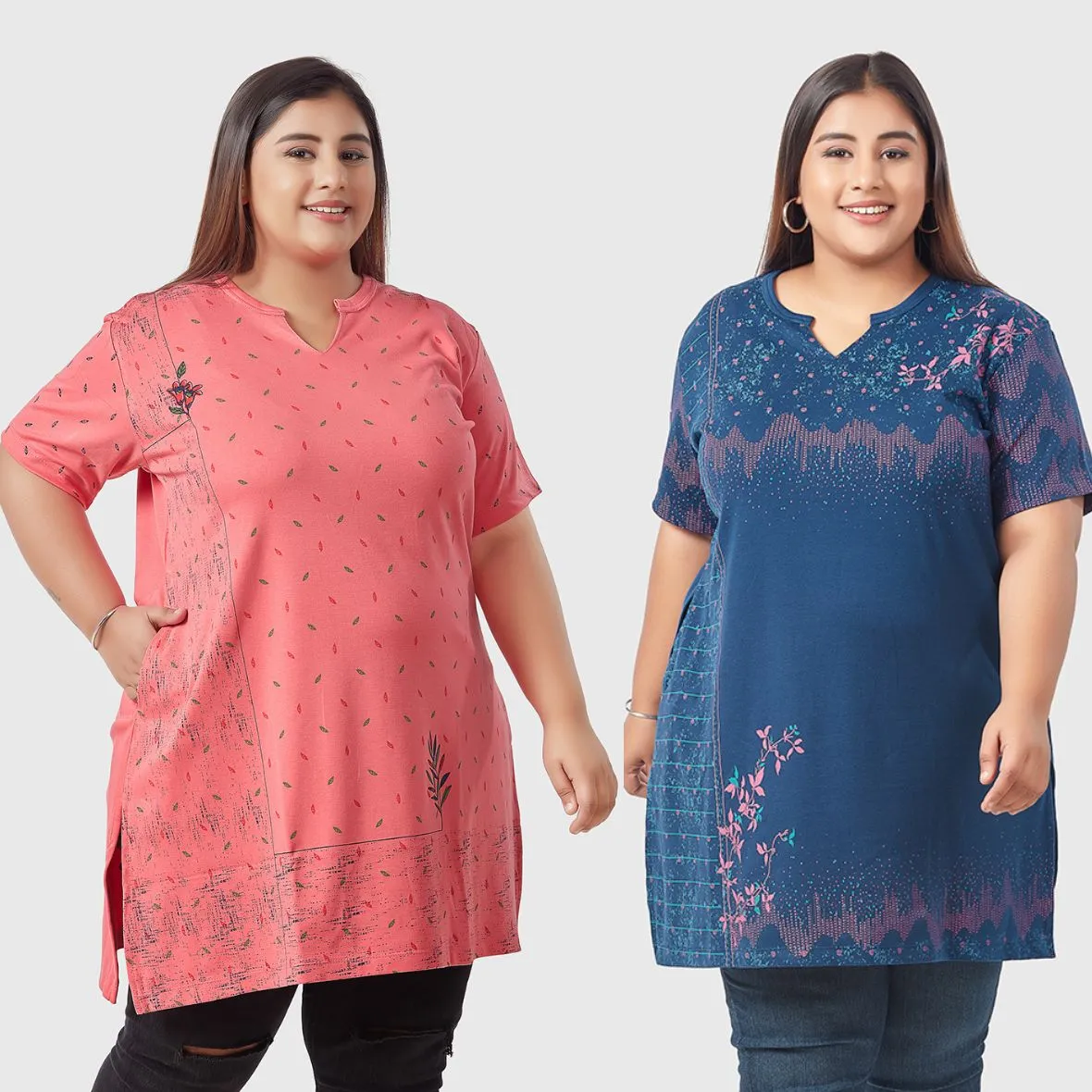 Plus Size Printed Long Tops For Women Half Sleeves - Pack of 2 (Pink & Blue)