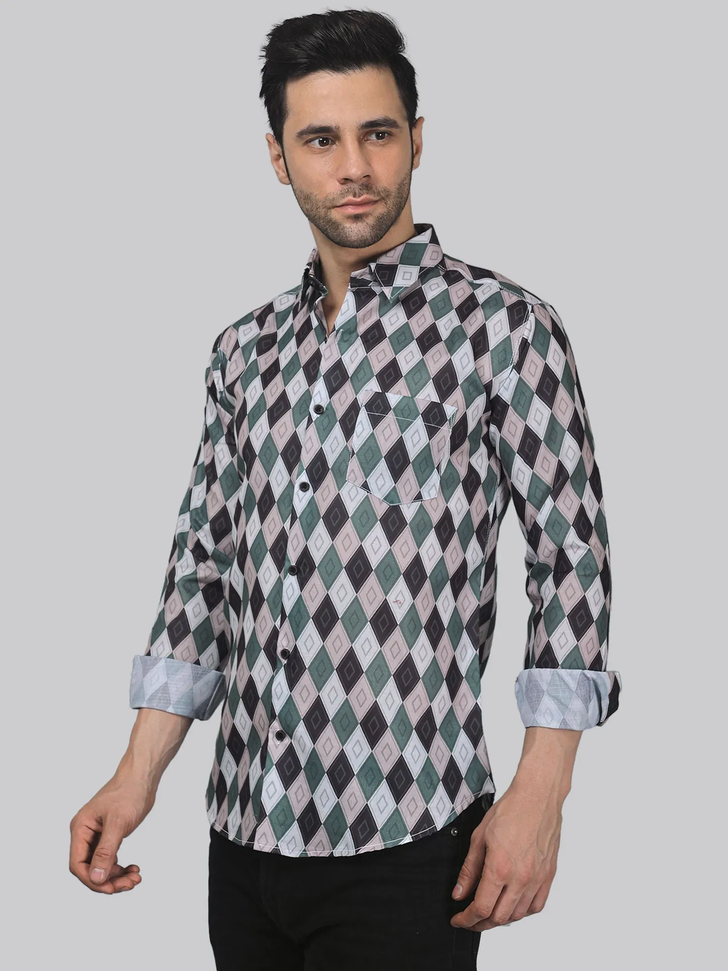 Preppy Men's Printed Full Sleeve Cotton Button-Up Shirt For Men