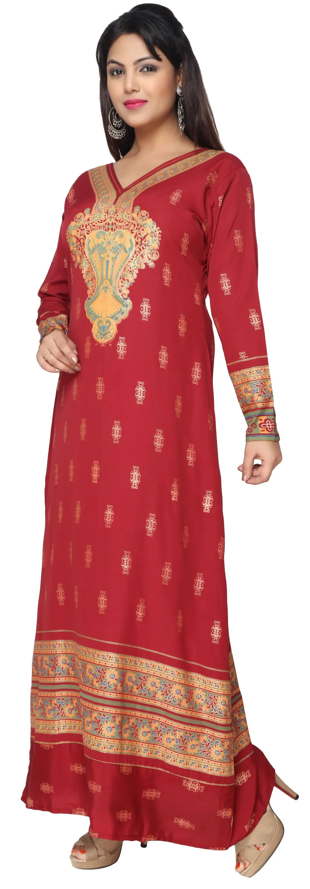 Printed Women's Maxi Caftan Long Evening Dress (Red)