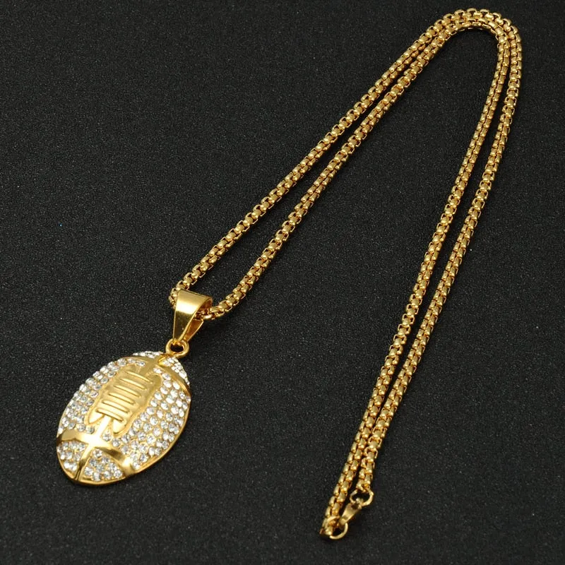 Rhinestone-Studded Gold-Plated Rugby Football Bling Stainless Steel Hip-hop Pendant Necklace