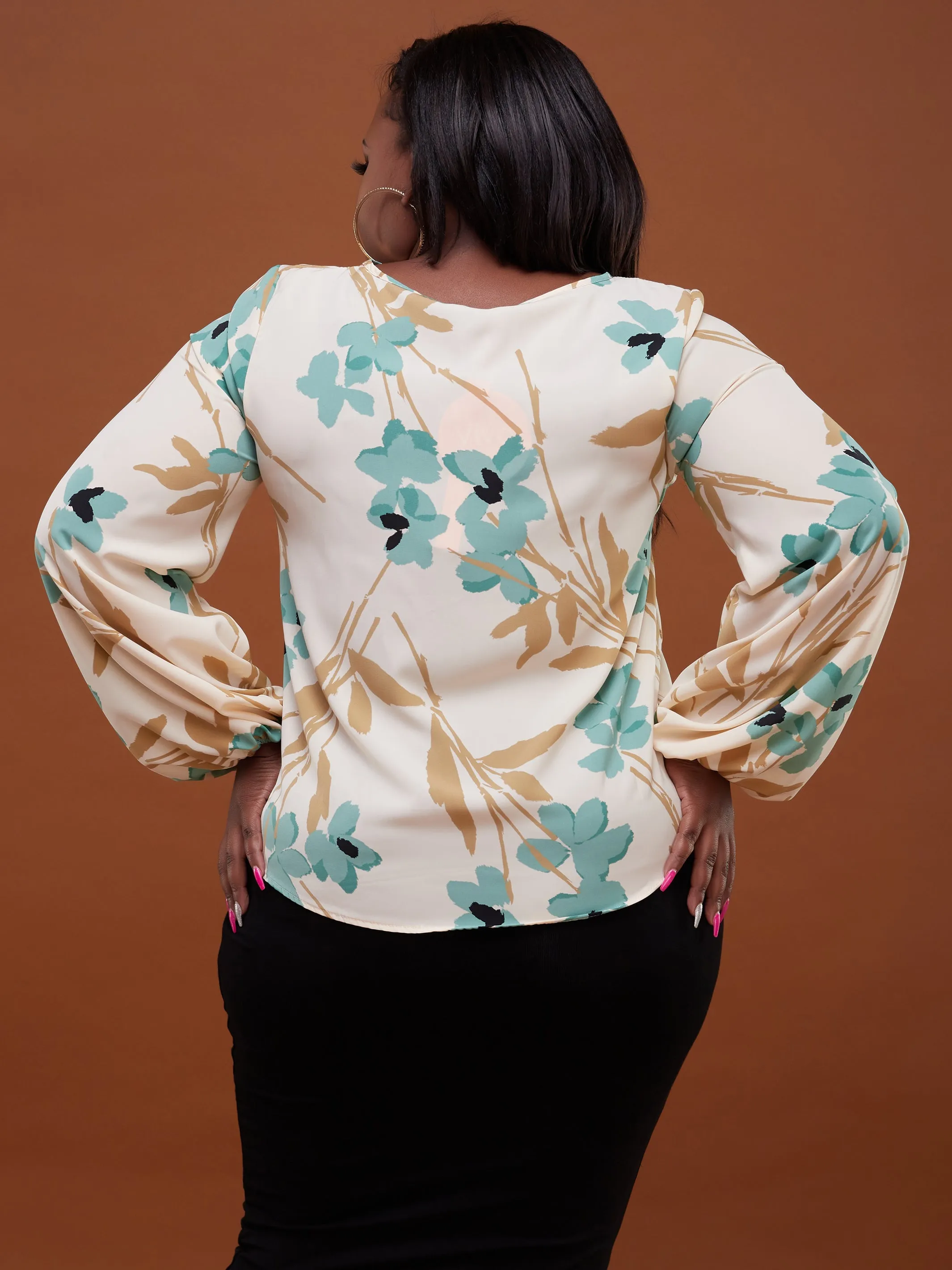 Safari Basic Bishop Sleeve Top - Buttermilk / Green Print