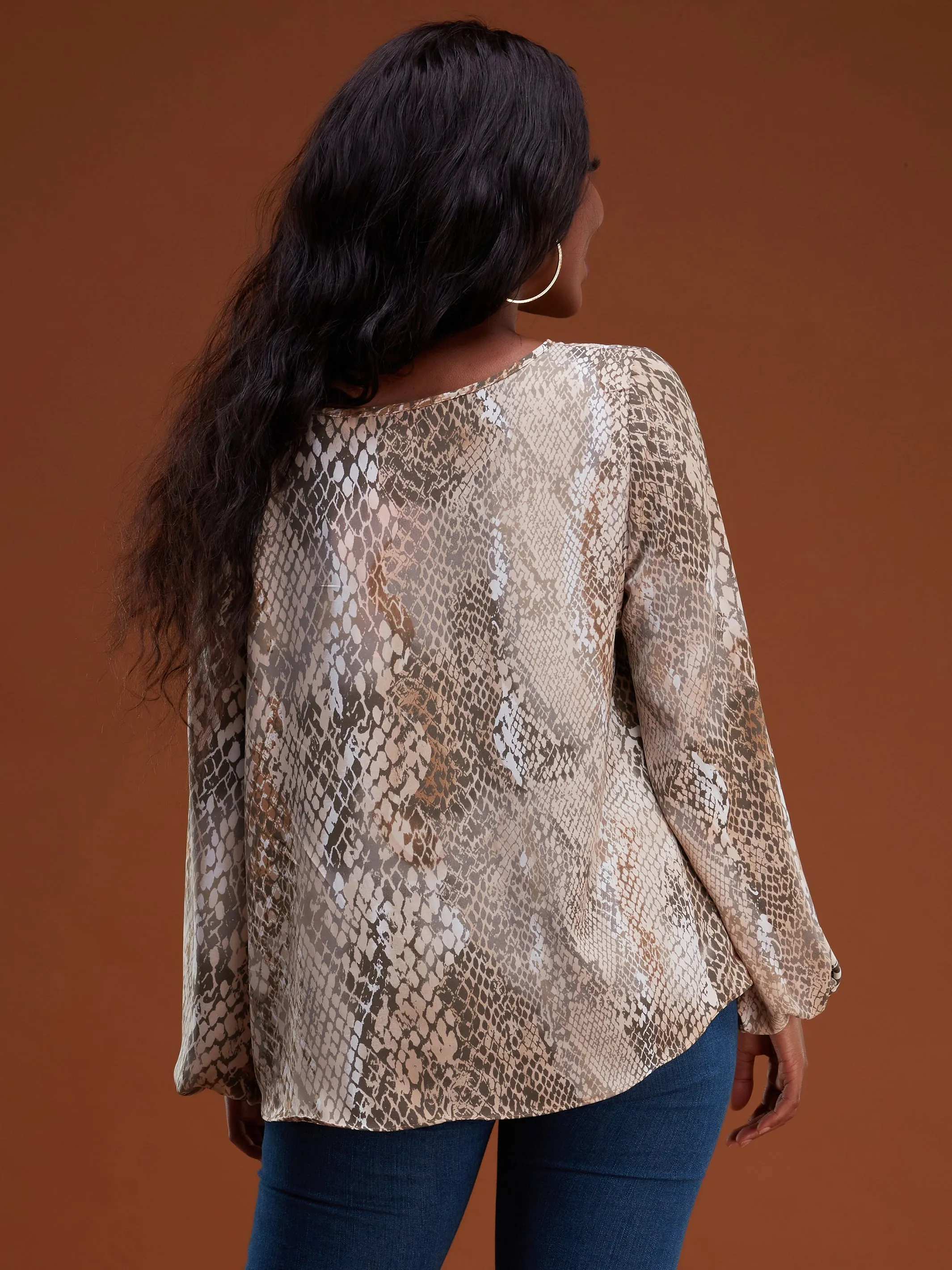 Safari Basic Bishop Sleeve Top - White / Brown Snake Print