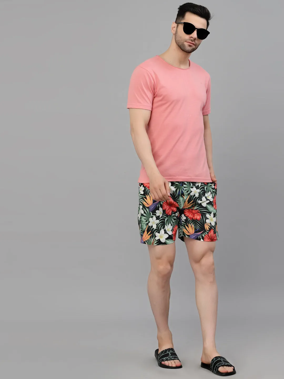 Style Quotient Men Red and  Black Tropical Print Polyester Regular Swim  Shorts