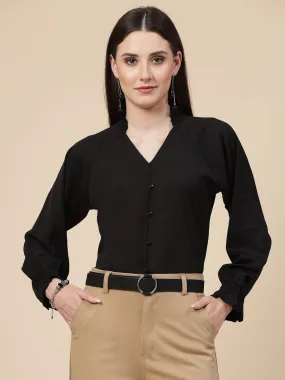 Style Quotient Women Black Regular Fit V-neck Button-down Full sleeves Shirt