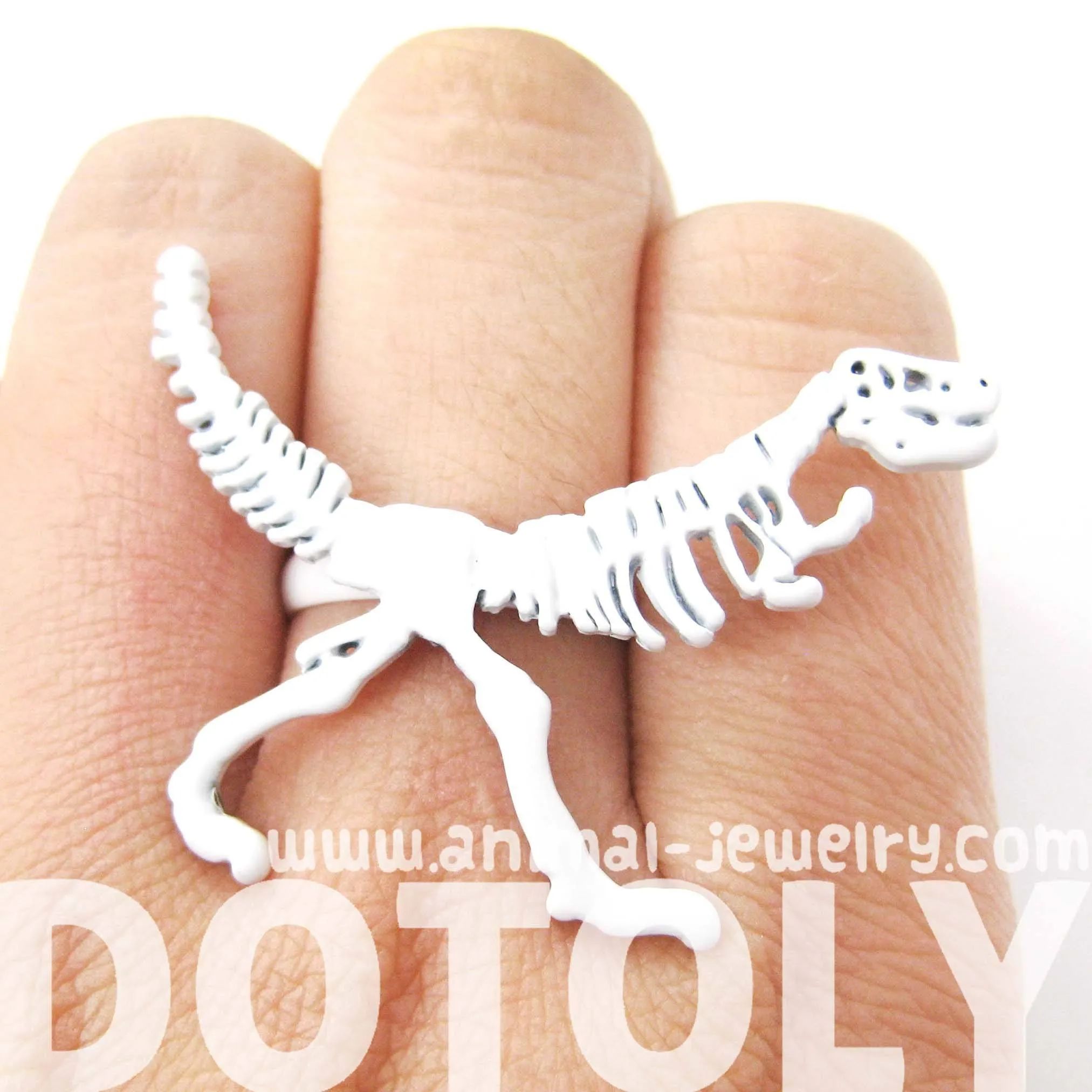 T-Rex Dinosaur Fossil Skeleton Bones Adjustable Ring in White