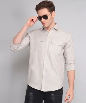 TryBuy Premium Grey Solid Cotton Linen Double Pocket Button-Up Shirt For Men