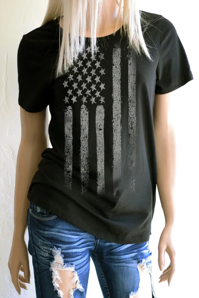 White American Flag on Black T-Shirt - Classic Crew Neck Tee for Women or Men