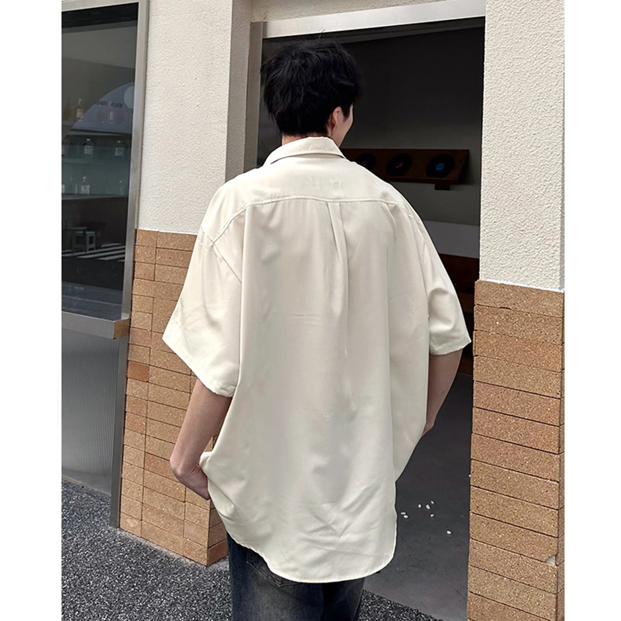 White korean-style boxy relaxed silky shirt for men