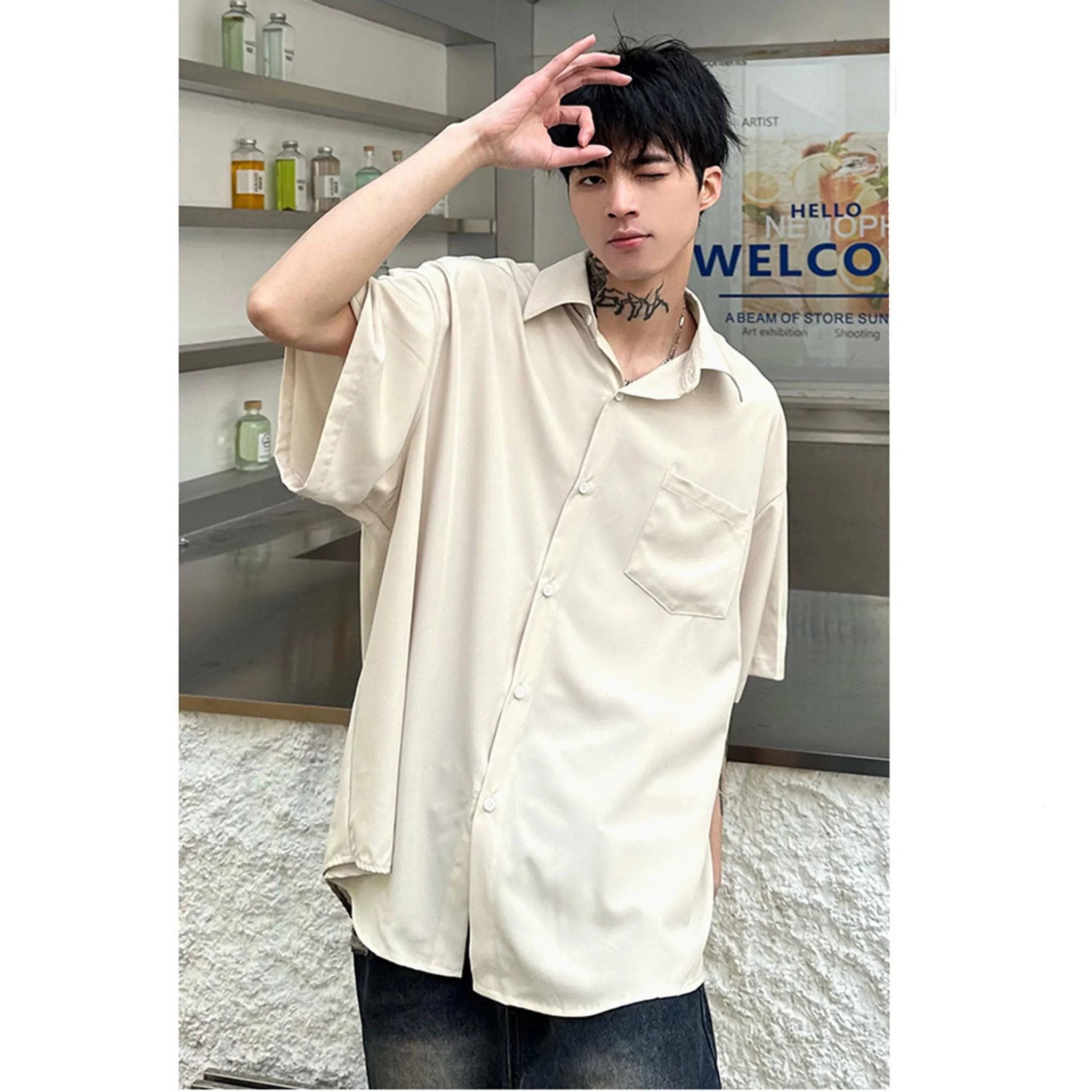 White korean-style boxy relaxed silky shirt for men