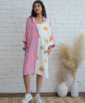 White pink stripes handblock printed modal oversize shirt