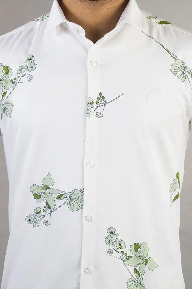 White Shirt for Men - Floral Print Cotton Spread Collar Shirt