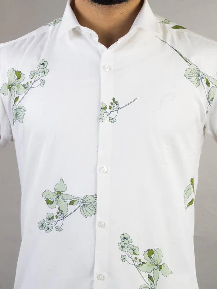 White Shirt for Men - Floral Print Cotton Spread Collar Shirt