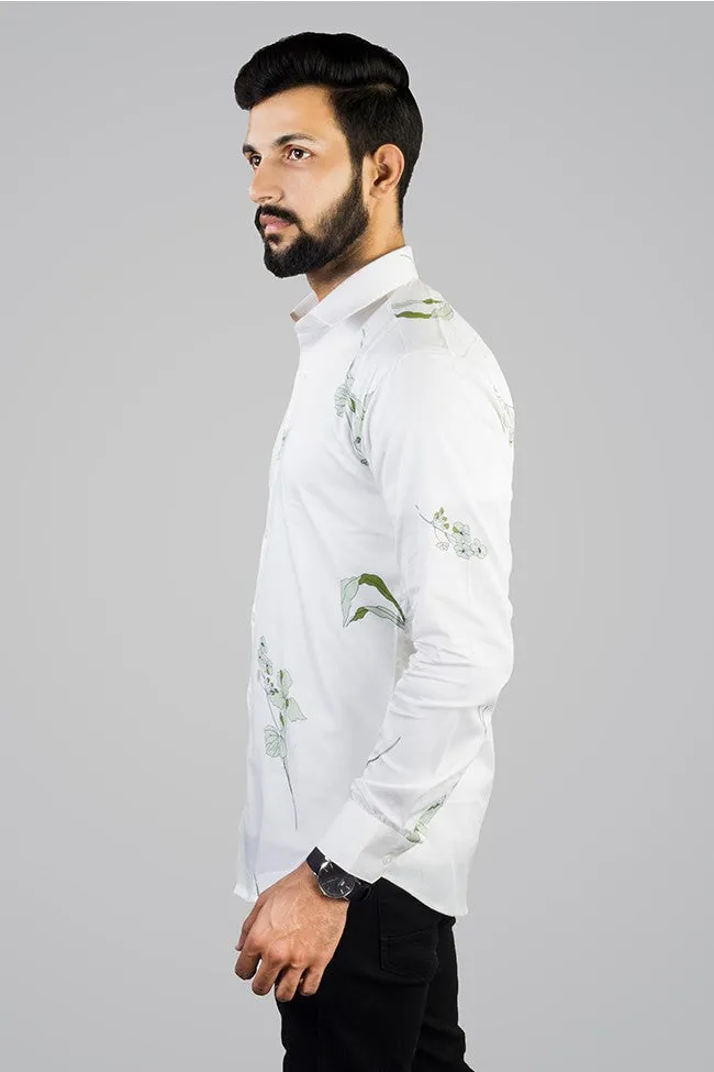 White Shirt for Men - Floral Print Cotton Spread Collar Shirt