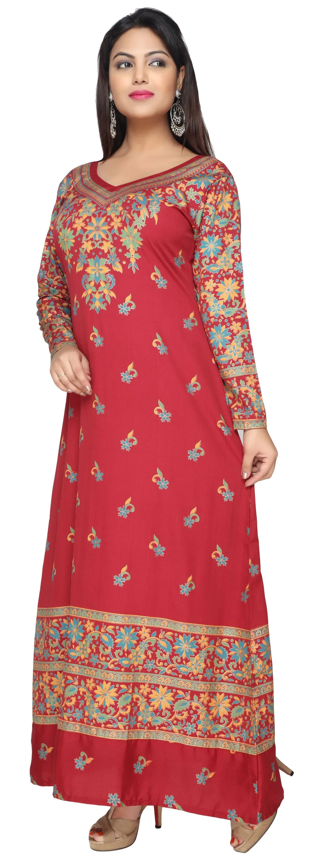 Womens Printed Long Kaftan Evening Dress (Red)